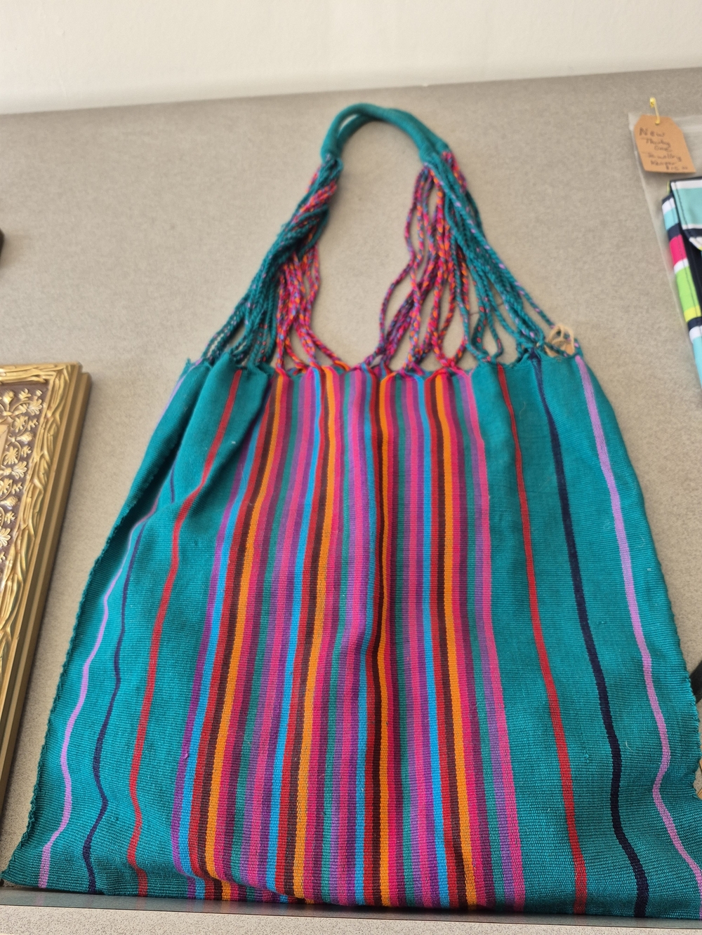 Boho Handwoven Teal Striped Tote Bag